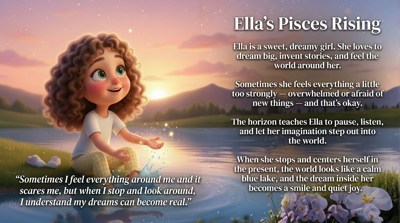Ella's Horizon: a girl by a calm lake at sunset